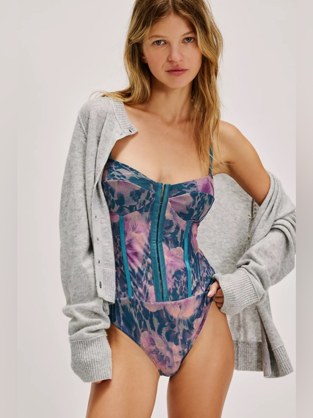 Free People Mesh Corset Top in Teal and Purple